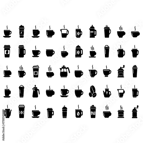 Diverse Coffee Set Black Silhouette Icons of Cups, Mugs & Brewing Equipment for Cafe Design