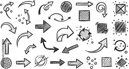 Collection of HandDrawn Arrows and Shapes in Sketch Style on White Background