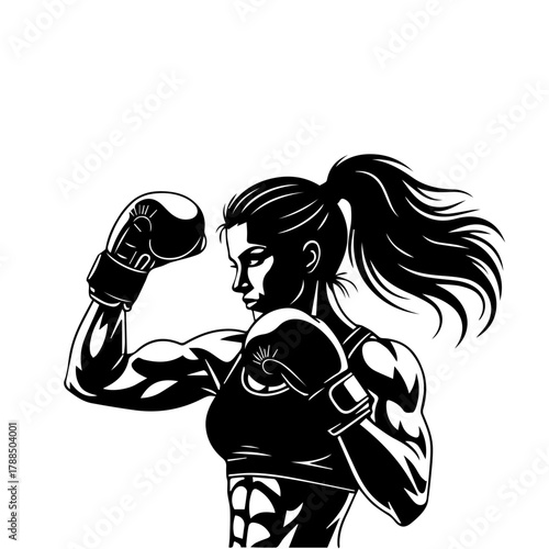 Powerful black and white illustration of a determined female boxer, showcasing strength and empowerment in an athletic pose, ideal for sports and fitness themes