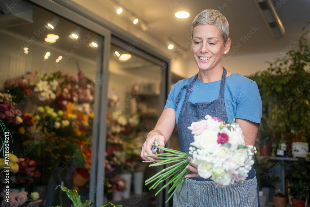 Fototapeta premium Smiling female florist cutting and arranging bouquet of fresh flowers for customers