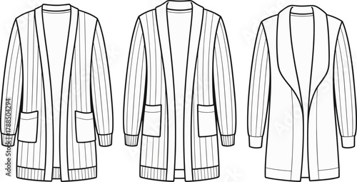 Long sleeve cardigans, ribbed texture, shawl collar, fashion flat sketch, garment design, technical illustration, cozy knitwear, apparel template, flat vector illustration