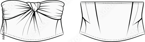 Strapless top fashion sketch, gathered and tailored design, black and white garment illustration, flat vector style for apparel design