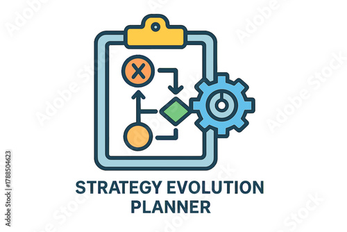 Strategy evolution planner with flowchart and gear illustration