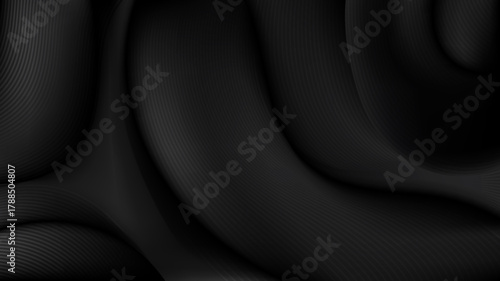 Abstract elegant 3D black fabric wrinkles with lines pattern texture on dark background