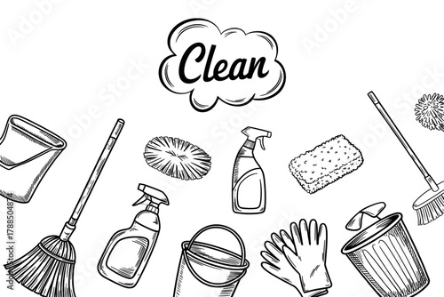 Hand-drawn cleaning supplies illustration featuring a broom bucket spray bottle and sponge for use in hygiene and household cleaning designs