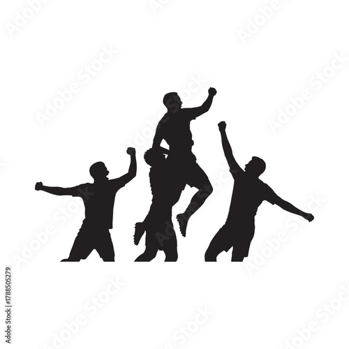 Silhouettes of triumphant athletes celebrating a victory together