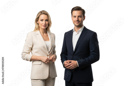 Professional male and female presenters in business attire standing together isolated on transparent background