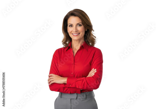 Smiling professional woman with crossed arms wearing a red collared shirt and gray pants isolated on transparent background