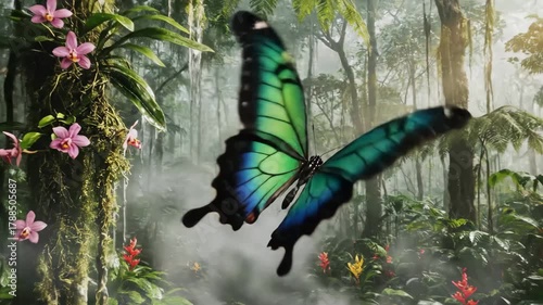 Vibrant emerald and sapphire butterfly wings spread wide above lush foliage, highlighting biodiversity within the verdant jungle under a beam of sunlight penetrating the canopy