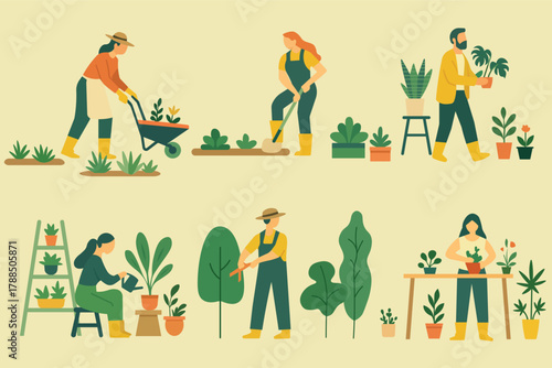 Flat vector illustration of gardeners engaged in landscaping, planting, pruning, and garden maintenance