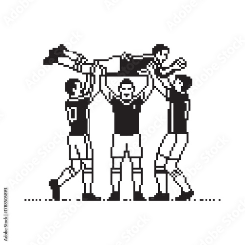 Soccer team celebrates victory lifting teammate in the air