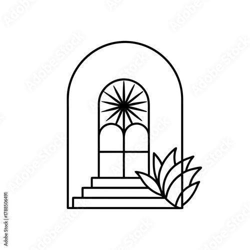 Archway with steps window and plant line drawing on transparent background