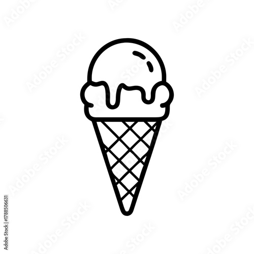 Outline drawing of ice cream cone with scoop on top on transparent background