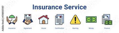 Insurance Service web icon vector illustration concept with icon of Insurance, Agreement, House, Certification, Warning, Money, Finance,in modern flat vector style.