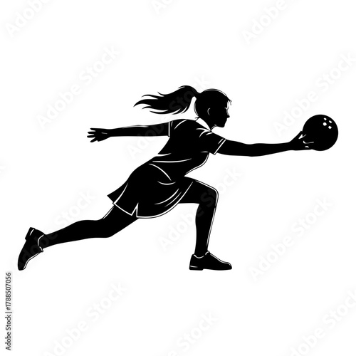 Black and white silhouette icon of a girl playing ten-pin bowling, captured in a powerful throwing motion