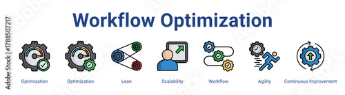 Workflow Optimization web icon vector illustration concept with icon of Optimization, Optimization, Lean, Scalability, Workflow, Agility, Continuous Improvement,in modern flat vector style.