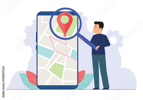 Man use navigation application on smartphone with glass lens