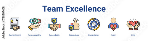 Team Excellence web icon vector illustration concept with icon of Commitment, Responsability, Dependable, Dependable, Consistency, Expert, Kind,in modern flat vector style.