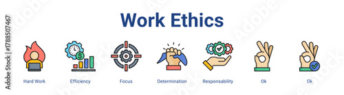 Work Ethics web icon vector illustration concept with icon of Hard Work, Efficiency, Focus, Determination, Responsability, Ok, Ok,in modern flat vector style.