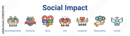 Social Impact web icon vector illustration concept with icon of Social Responsibility, Community, Family, Kind, Acceptance, Responsability, Humility,in modern flat vector style.