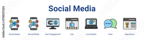 Social Media web icon vector illustration concept with icon of Social Media, Social Media, User Engagement, Like, Live Stream, Chat, Reputation,in modern flat vector style.