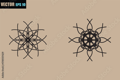 Intricate black geometric ornaments with radial symmetry on a neutral background
