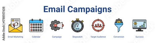 Email Campaigns web icon vector illustration concept with icon of Email Marketing, Calendar, Campaign, Stopwatch, Target Audience, Conversion, Success,in modern flat vector style.