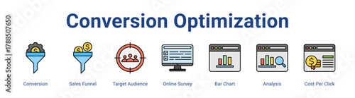 Conversion Optimization web icon vector illustration concept with icon of Conversion, Sales Funnel, Target Audience, Online Survey, Bar Chart, Analysis, Cost Per Click,in modern flat vector style.