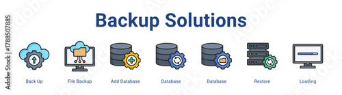 Backup Solutions web icon vector illustration concept with icon of Back Up, File Backup, Add Database, Database, Database, Restore, Loading,in modern flat vector style.