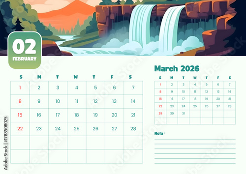 A vibrant calendar for February and March 2026 featuring a scenic waterfall landscape illustration.