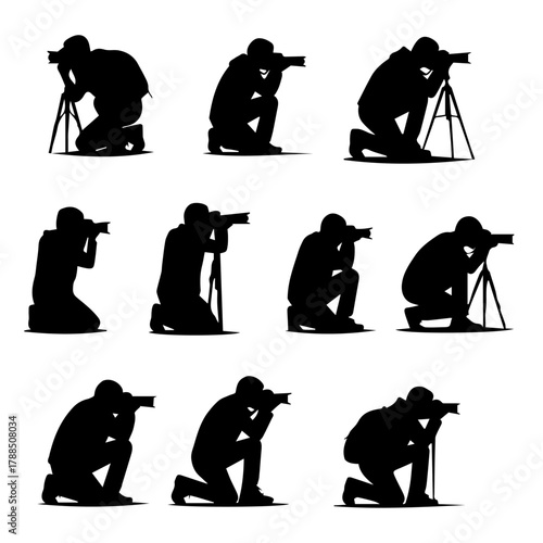 Dynamic silhouettes of photographers capturing moments with cameras and tripods, showcasing diverse shooting positions and the art of professional visual storytelling