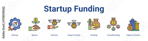 Startup Funding web icon vector illustration concept with icon of Startup, Sprout, Venture, Angel investor, Funding, Crowdfunding, Capital Venture,in modern flat vector style.