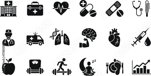 Collection of Medical and Healthy Lifestyle Icons in Black on Transparent Background