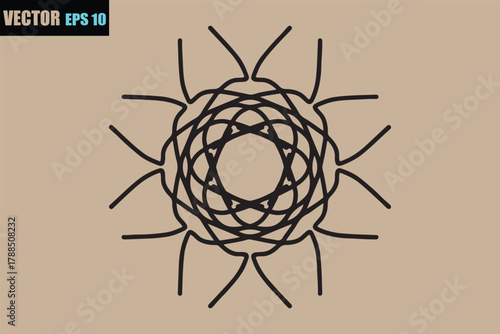 Intricate black geometric mandala design with radial symmetry on a textured beige background