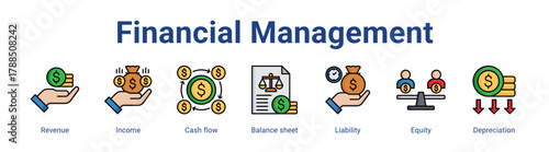 Financial Management web icon vector illustration concept with icon of Revenue, Income, Cash flow, Balance sheet, Liability, Equity, Depreciation,in modern flat vector style.
