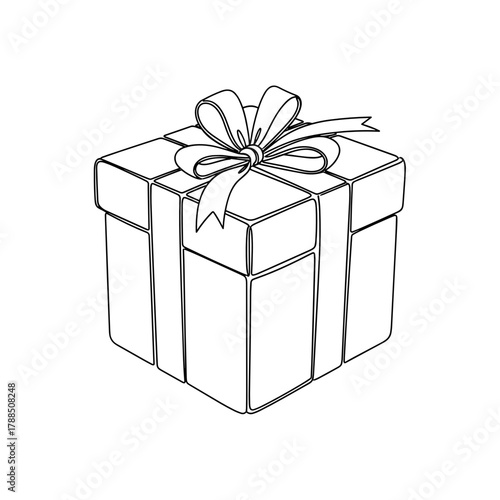 Line drawing of a gift box with bow and ribbon on white background  