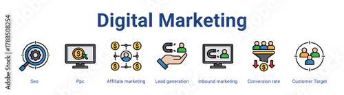 Digital Marketing web icon vector illustration concept with icon of Seo, Ppc, Affiliate marketing, Lead generation, Inbound marketing, Conversion rate, Customer Target,in modern flat vector style.