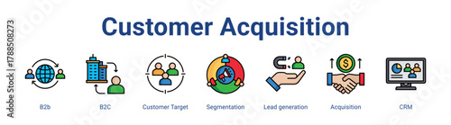 Customer Acquisition web icon vector illustration concept with icon of B2b, B2C, Customer Target, Segmentation, Lead generation, Acquisition, CRM,in modern flat vector style.