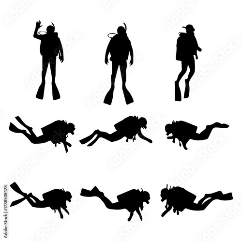 Scuba Diving Silhouettes A Collection of Divers in Various Poses Underwater