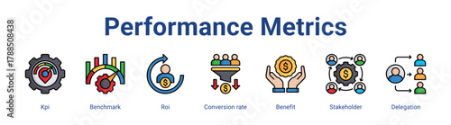 Performance Metrics web icon vector illustration concept with icon of Kpi, Benchmark, Roi, Conversion rate, Benefit, Stakeholder, Delegation,in modern flat vector style.