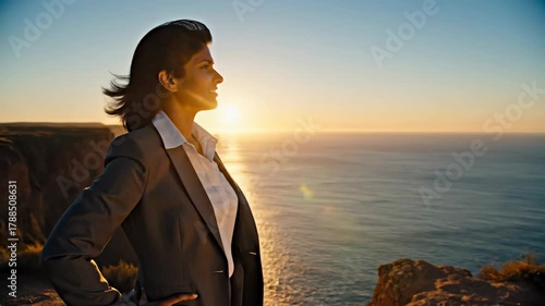 Professional woman looks out at ocean sunset from a high vantage point