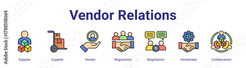Vendor Relations web icon vector illustration concept with icon of Supplier, Supplier, Vendor, Negotiation, Negotiation, Handshake, Collaboration,in modern flat vector style.