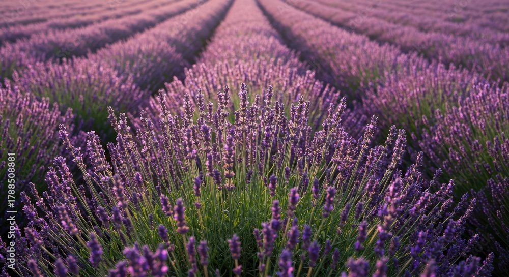Obraz premium A vibrant purple field of blooming lavender flowers under the bright afternoon sun creating a beautiful fragrant landscape, detail, scent, countryside