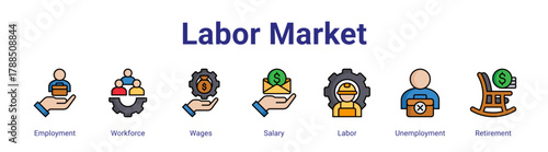 Labor Market web icon vector illustration concept with icon of Employment, Workforce, Wages, Salary, Labor, Unemployment, Retirement,in modern flat vector style.
