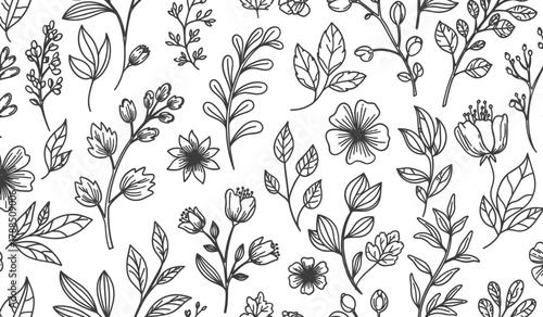 Black and white line art floral pattern with various flowers and leaves vector