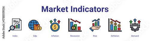 Market Indicators web icon vector illustration concept with icon of Index, Gdp, Inflation, Recession, Rise, Deflation, Demand,in modern flat vector style.