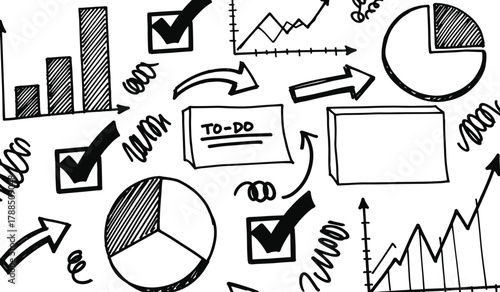 Hand drawn black and white business charts graphs and to do list elements line