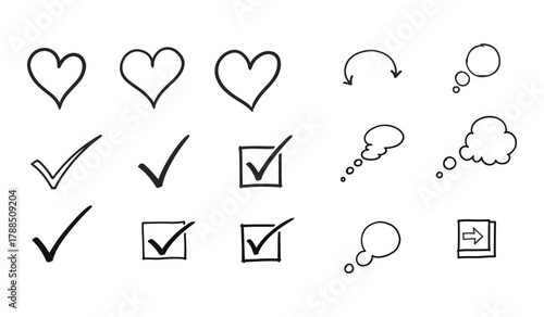 Hand drawn black doodle icons hearts checkmarks thought bubbles arrows on white background checked