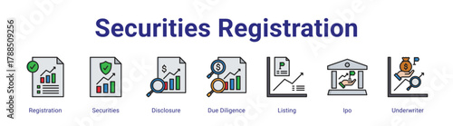 Securities Registration web icon vector illustration concept with icon of Registration,Securities,Disclosure,Due Diligence,Listing,Ipo,Underwriter,in modern flat vector style.