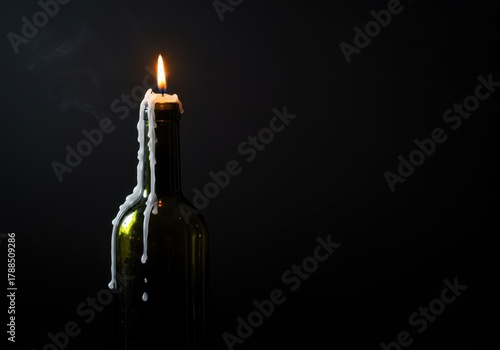 Atmospheric shot of an old wine bottle holding a burning candle, with dripping wax creating a vintage, cozy mood ,amber ,object ,still life